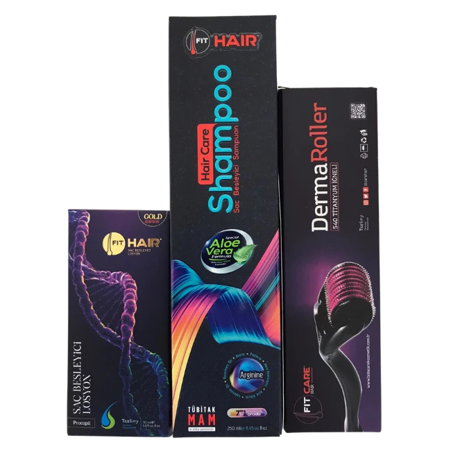3 KAT DAHA YOĞUN FitHair GOLD LOSYON+ALOEVERA ŞAMPUAN+DERMAROLLER TARAK 